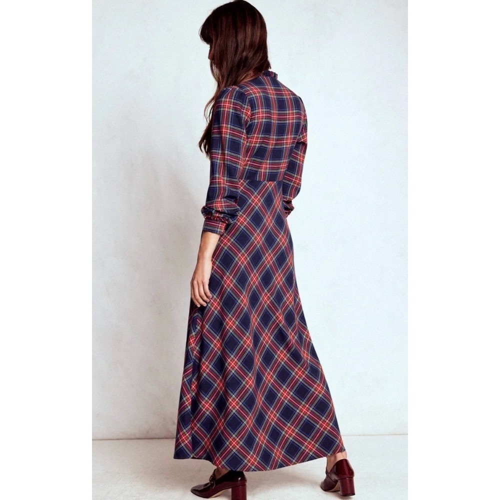 Boden Navy Red Tartan Plaid Ruffle V-Neck Midi Dress Long Sleeve Size 12R - Picture 3 of 12